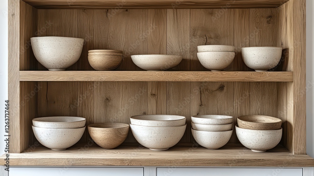 Ceramic bowls wooden shelf kitchen display Ceramic bowls wooden shelf kitchen display