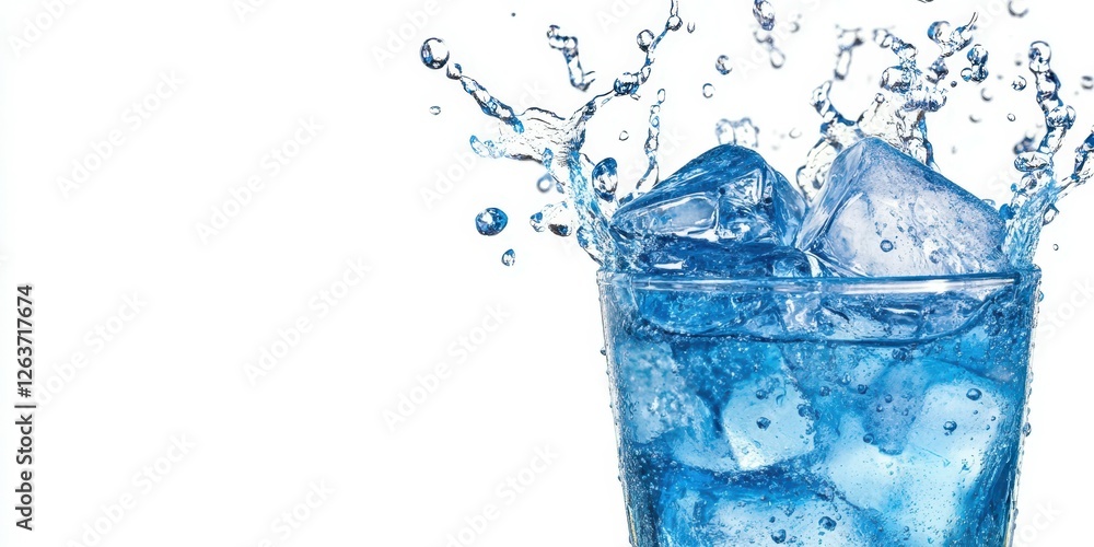 Fresh and refreshing drink splashes with ice cubes in a clear glass against a white background Fresh and refreshing drink splashes with ice cubes in a clear glass against a white background