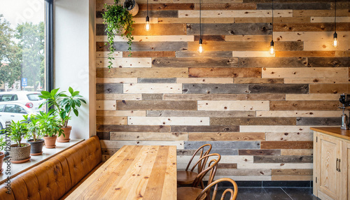 Eco-friendly cafe with reclaimed wood wall and indoor plants, sustainable design