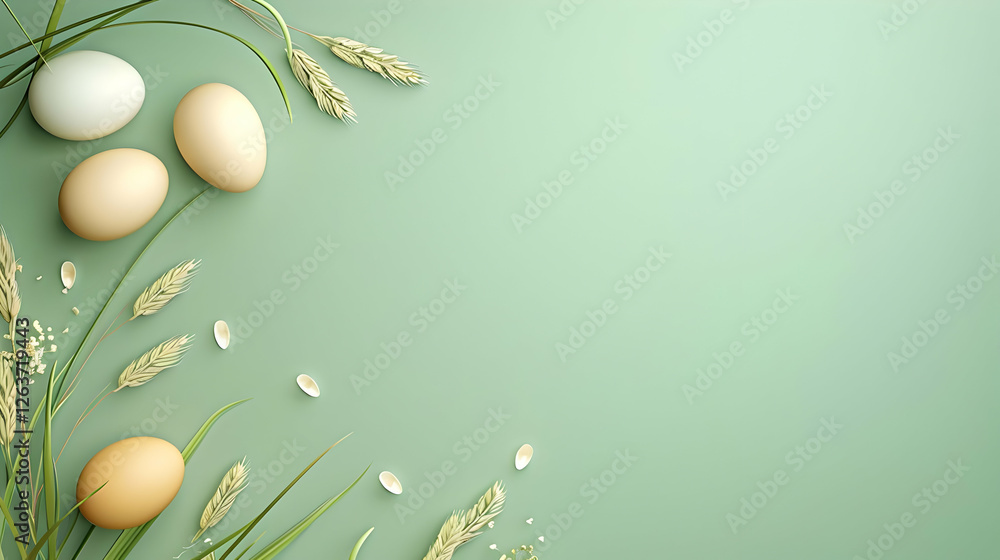 Fototapeta premium A serene arrangement of eggs surrounded by green grass and grains on a soft pastel background