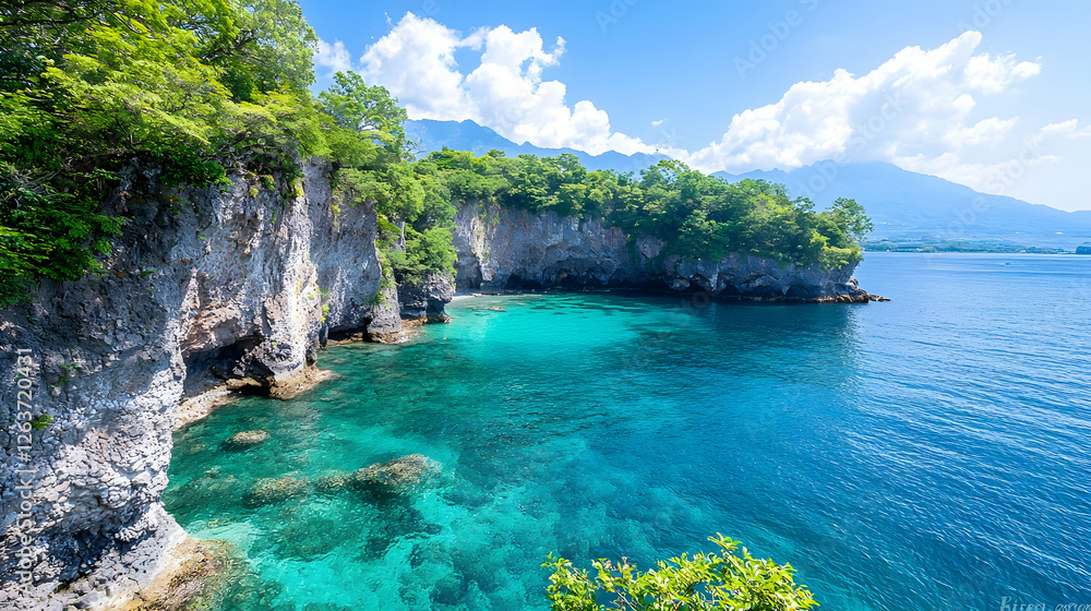 Fototapeta premium Coastal cliffs, turquoise water, mountain backdrop, summer day, travel postcard