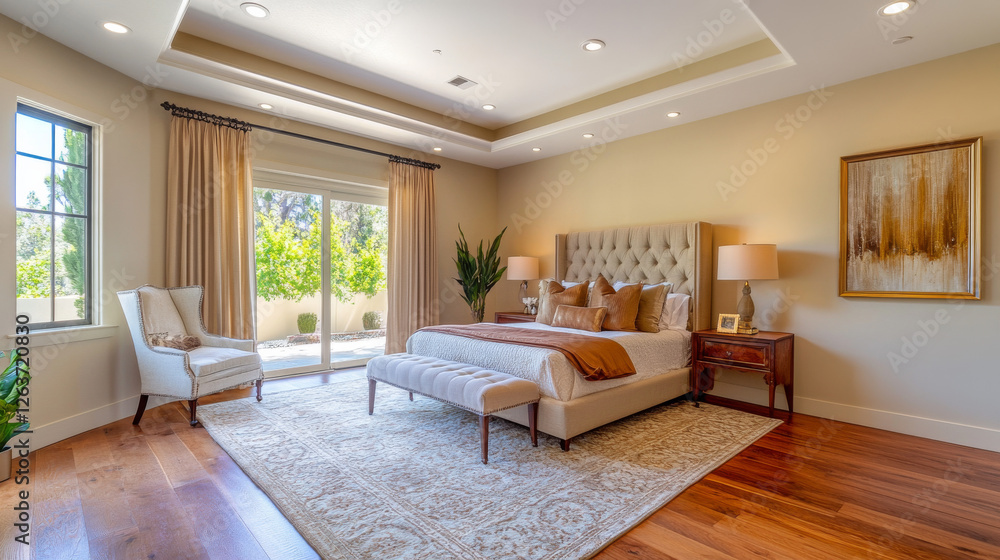 California, 22 February 2021: A luxurious and well-lit bedroom boasting a plush king-size bed and sleek modern furniture, serving as a perfect template for an upscale residential mansion California, 22 February 2021: A luxurious and well-lit bedroom boasting a plush king-size bed and sleek modern furniture, serving as a perfect template for an upscale residential mansion