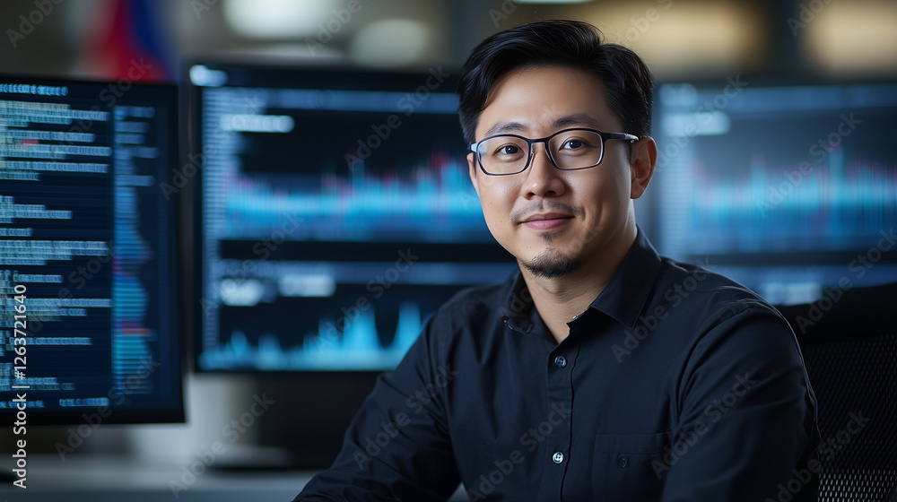 Fototapeta premium Modern Workspace with Asian Technology Analyst and Blockchain Dashboards
