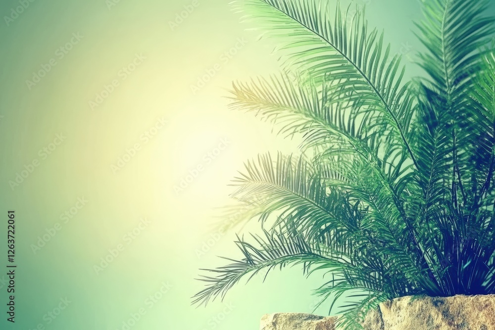 Naklejka premium Lush green palm leaves against a soft, dreamy background