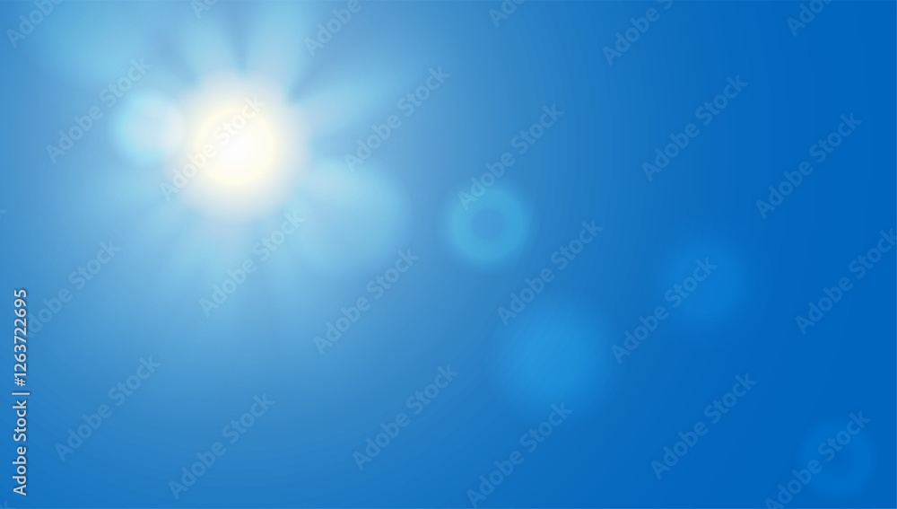 Blue sky light background. White cloud sunny summer abstract gradient. Clear day meteorology gradation pattern. Vector wavy clouds and sunburst rays. Fresh air sunny weather spring heaven landscape