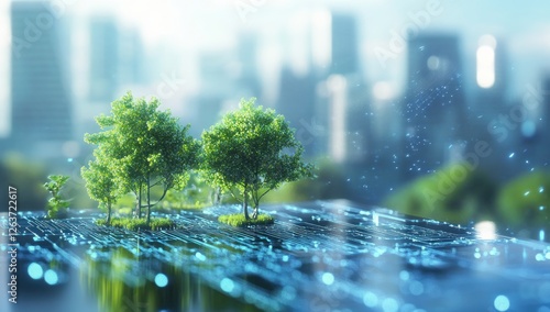 Green Technology: Trees Growing on a Circuit Board, Representing Sustainable Urban Development and the Future of Eco-Friendly Cities