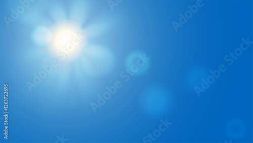 Blue sky light background. White cloud sunny summer abstract gradient. Clear day meteorology gradation pattern. Vector wavy clouds and sunburst rays. Fresh air sunny weather spring heaven landscape