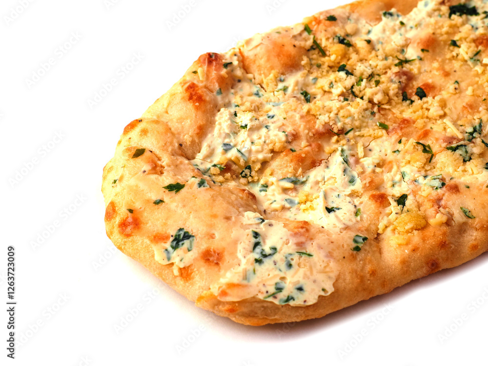 Flat sour dough bread with four cheeses on white background. Tasty food. Italian style dish with high quality ingredients, Bakery product. Flat sour dough bread with four cheeses on white background. Tasty food. Italian style dish with high quality ingredients, Bakery product.
