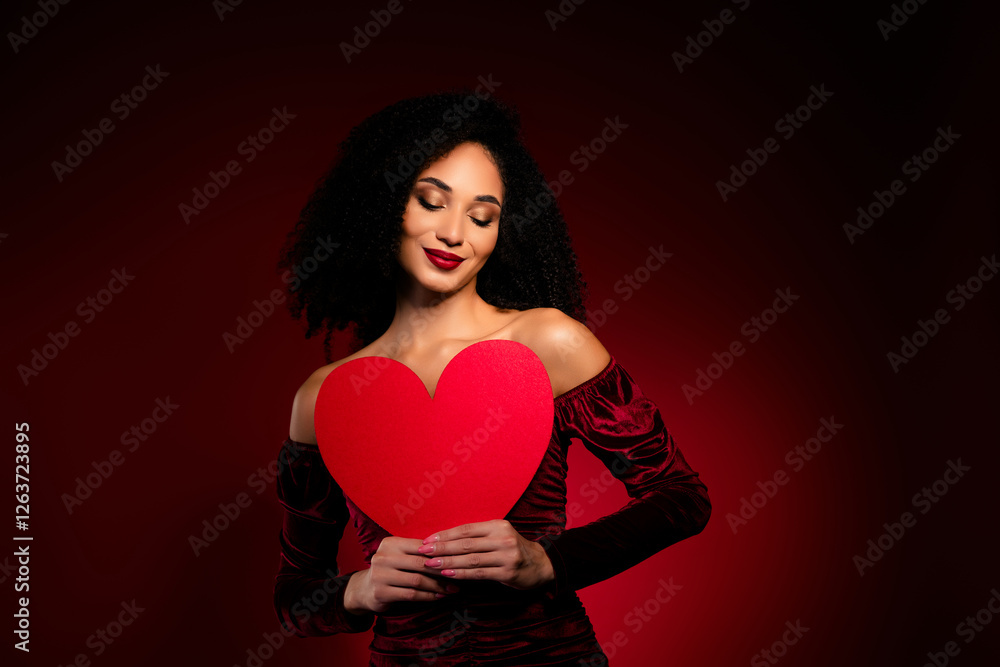 Fancy pretty loving lady girlfriend hold love heart valentine day postcard looking wear velvet gown Fancy pretty loving lady girlfriend hold love heart valentine day postcard looking wear velvet gown