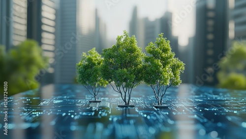 Green Technology: Trees on Circuit Board, Urban Skyline