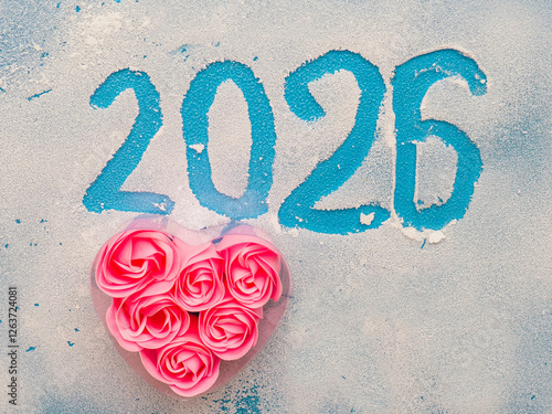 Glass with frost and hand written sign 2026 and heart made of roses. Blue background. New Year celebration concept. photo