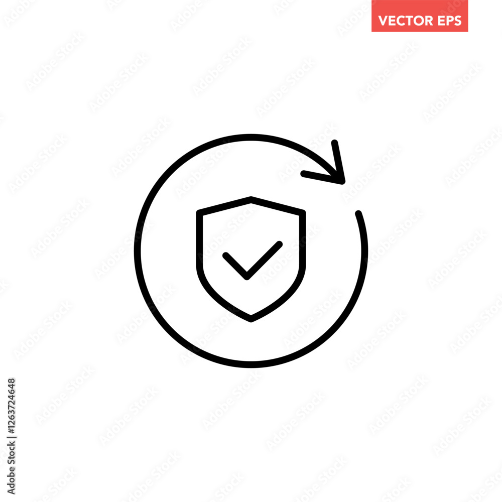 Black single protection system updated successful thin line icon, simple loading guard flat design pictogram vector for app ads web banner button ui interface elements isolated on white background Black single protection system updated successful thin line icon, simple loading guard flat design pictogram vector for app ads web banner button ui interface elements isolated on white background