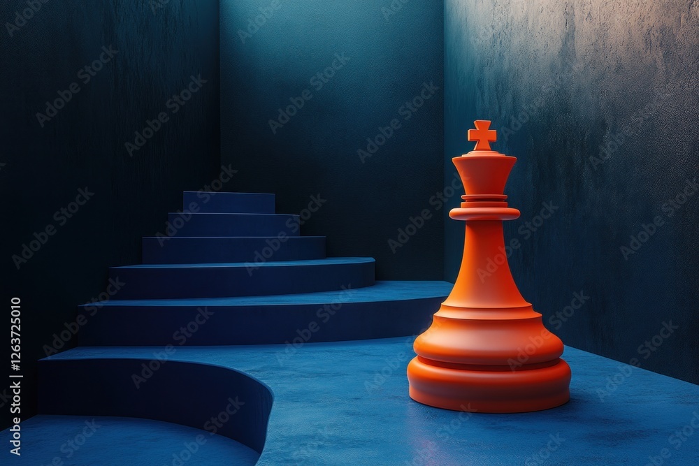 A prominent orange chess piece stands on blue stairs, showcasing a blend of modern design and strategic symbolism in a captivating environment A prominent orange chess piece stands on blue stairs, showcasing a blend of modern design and strategic symbolism in a captivating environment