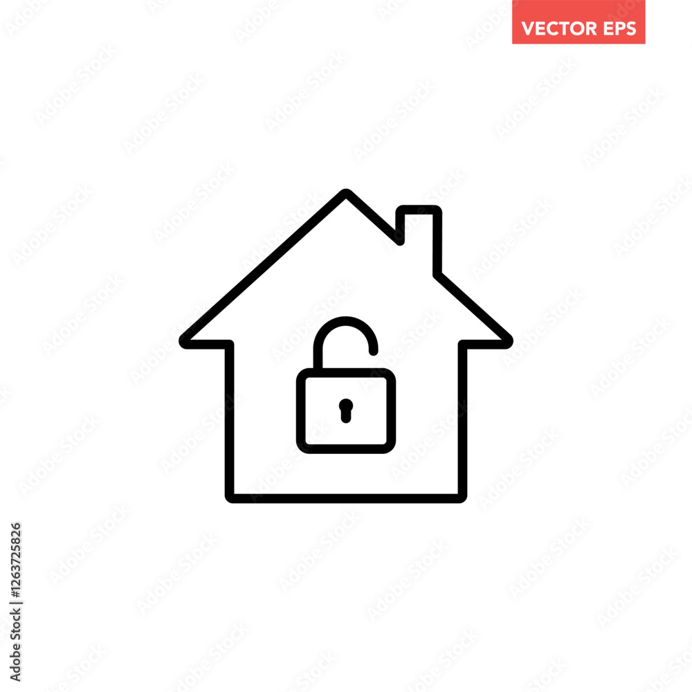 Black single unlock house protection line icon, simple released safe house defence flat design concept vector for app ads web banner button ui ux interface elements isolated on white background Black single unlock house protection line icon, simple released safe house defence flat design concept vector for app ads web banner button ui ux interface elements isolated on white background