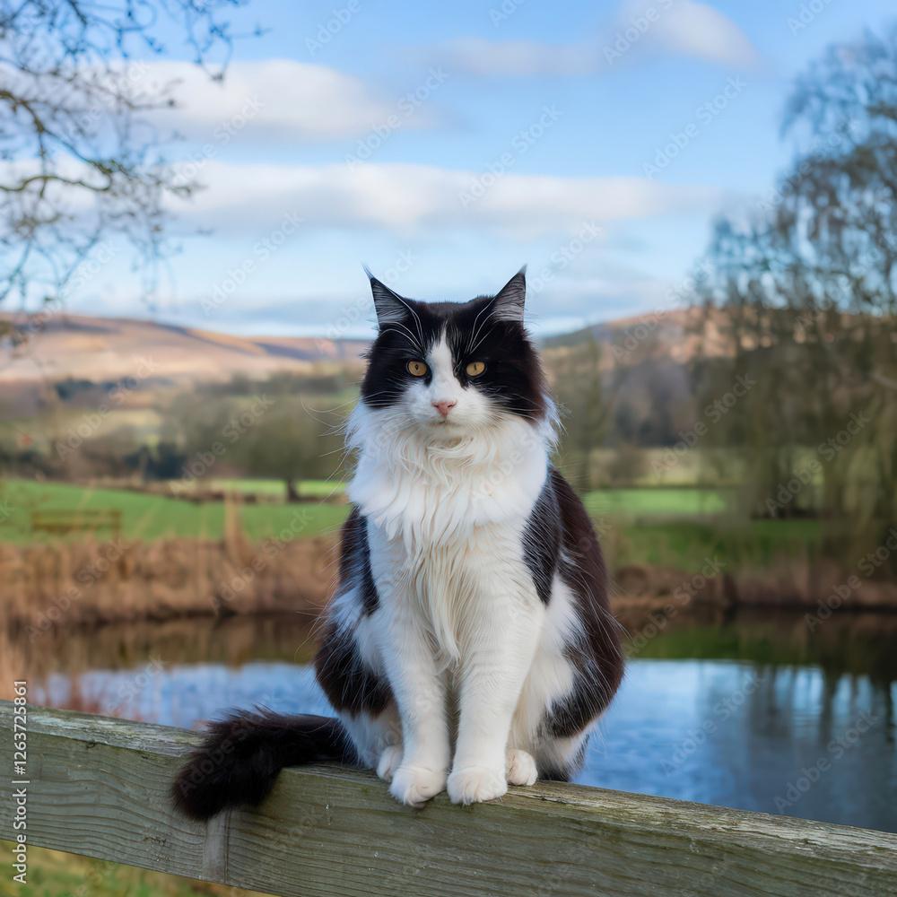 Beautiful black and white cat sitting on a wooden fence in the countryside Beautiful black and white cat sitting on a wooden fence in the countryside