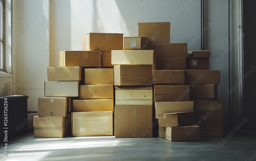 Cardboard boxes are piled high in a bright, spacious room, ideal for storage solutions or organization tasks during the day Cardboard boxes are piled high in a bright, spacious room, ideal for storage solutions or organization tasks during the day