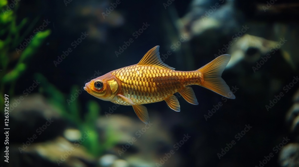 Carassius auratus a goldfish an aquarium fish swimming against a black background Carassius auratus a goldfish an aquarium fish swimming against a black background