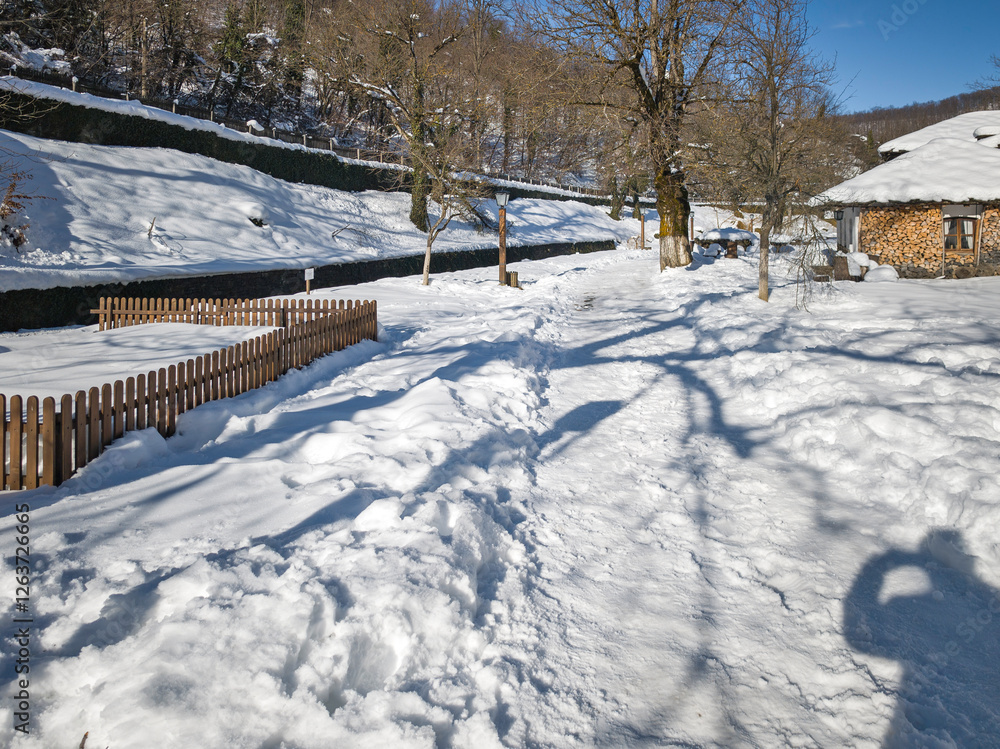 Naklejka premium Winter view of Ethnographic village Etar, Bulgaria