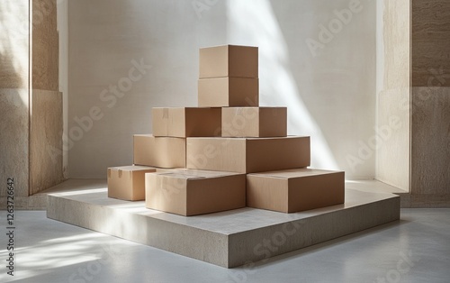 Cardboard boxes are neatly arranged and stacked in a modern indoor space, showcasing a minimalistic design approach and artistic potential photo