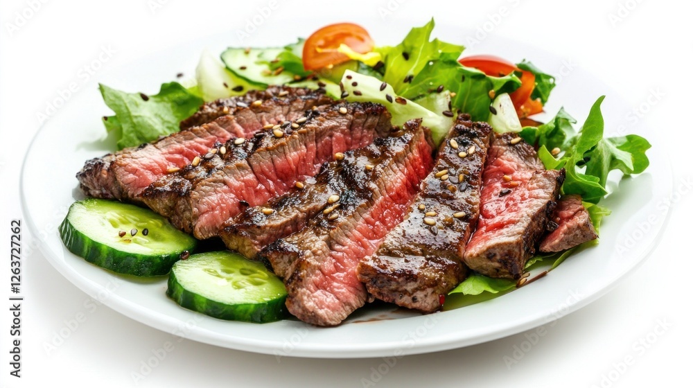 Succulent slices of medium rare steak are beautifully arranged on a plate accompanied by a refreshing Asian greens salad with vibrant vegetables Succulent slices of medium rare steak are beautifully arranged on a plate accompanied by a refreshing Asian greens salad with vibrant vegetables