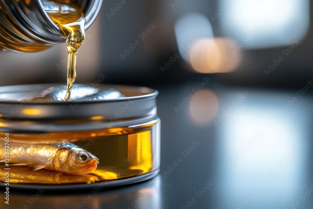 A beautifully lit image depicting the mesmerizing drizzle of oil over gleaming fish in a tin can, symbolizing culinary art and fine dining.