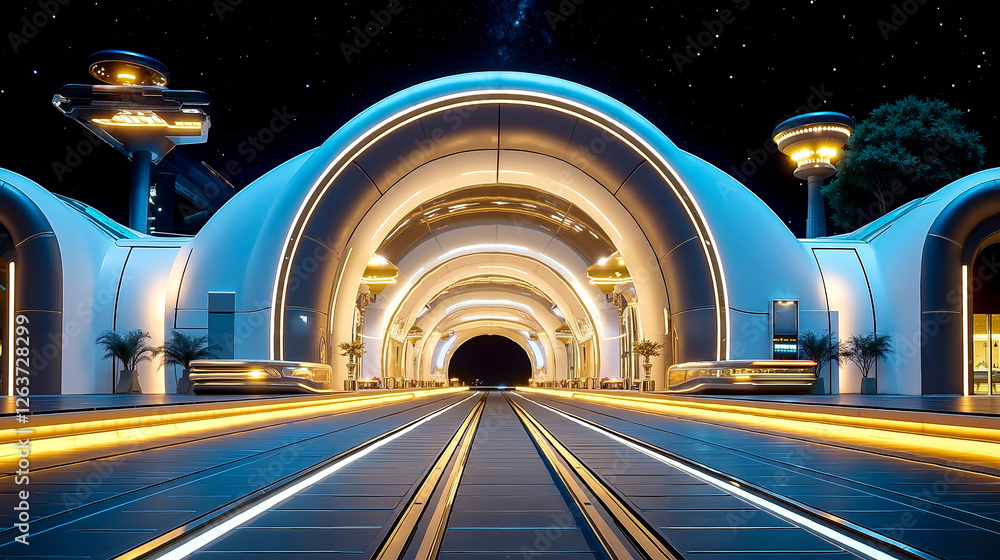 A futuristic city at night with a train going through it A futuristic city at night with a train going through it