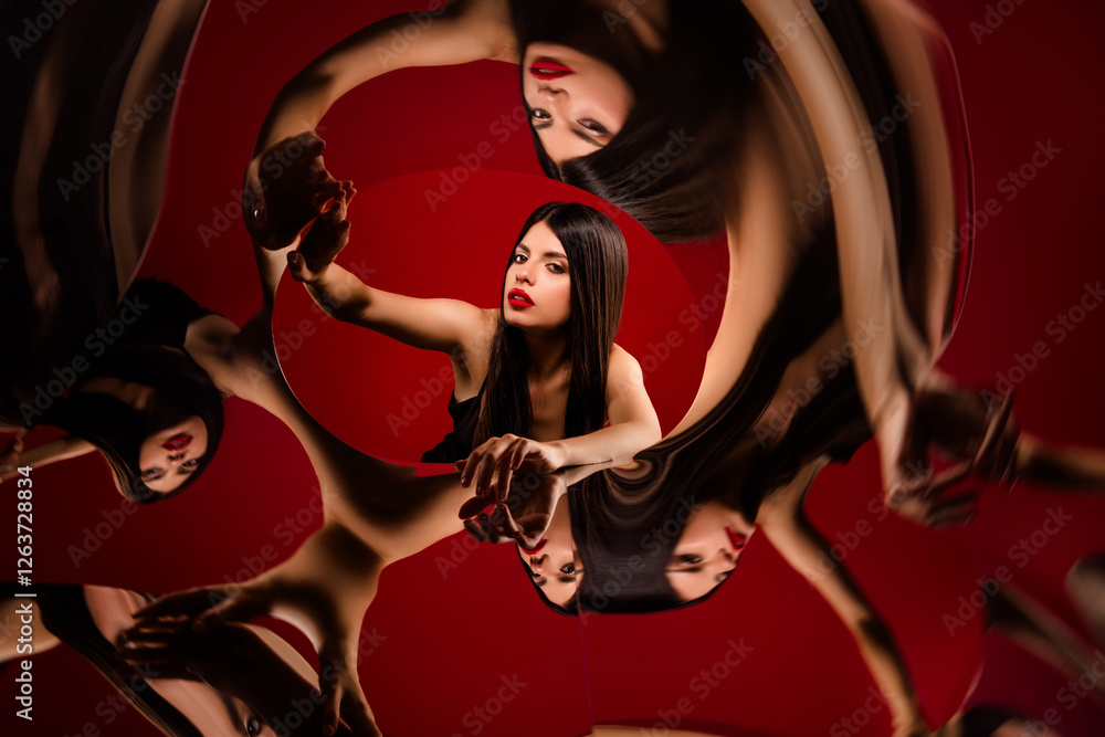 Naklejka premium Captivating brunette woman surrounded by artistic reflections on a red background