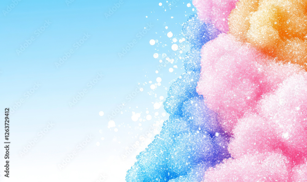 Bright and Colorful Abstract Background with Soft Foam-Like Texture in Blue, Pink, Orange, and Yellow Shades on a Light Blue Gradient Bright and Colorful Abstract Background with Soft Foam-Like Texture in Blue, Pink, Orange, and Yellow Shades on a Light Blue Gradient
