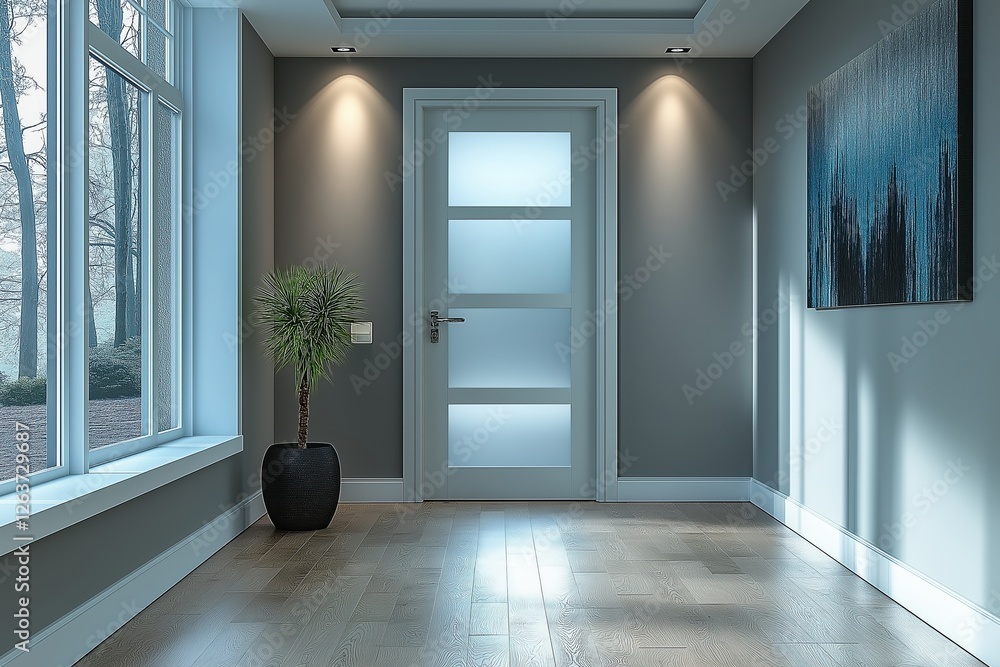 Fototapeta premium Modern hallway with large windows and stylish decor