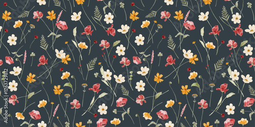mini wildflower watercolor seamless pattern with dark background