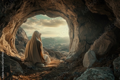 In a serene moment before exiting the tomb, Jesus Christ sits peacefully, radiating joy. The early morning light brings a sense of renewal and hope, marking the significance of Easter photo