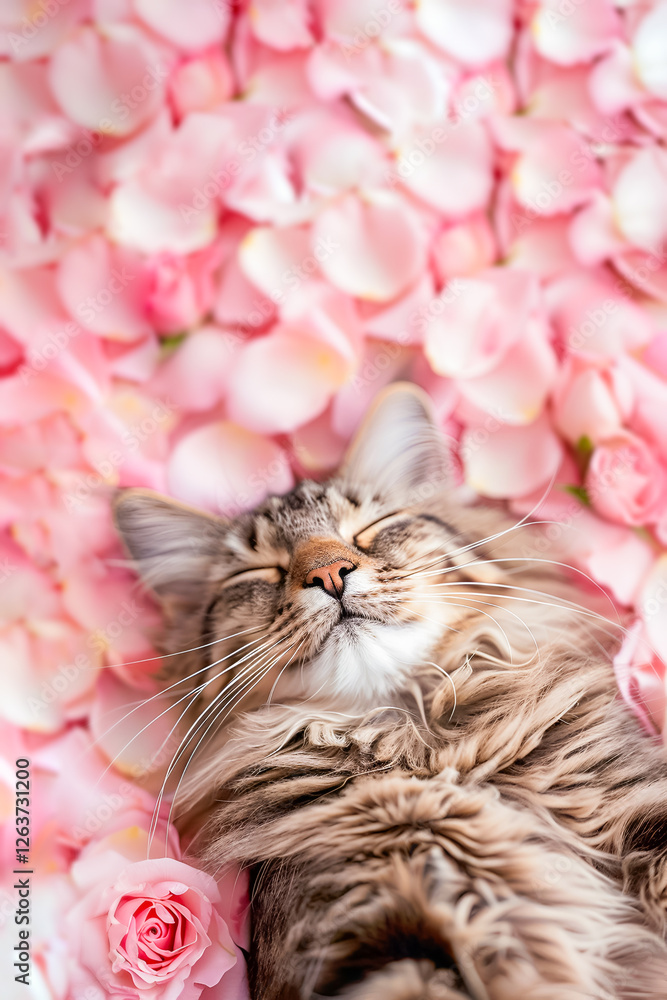 Top view of adorable tabby cat with closed eyes lying in pink rose petals Top view of adorable tabby cat with closed eyes lying in pink rose petals