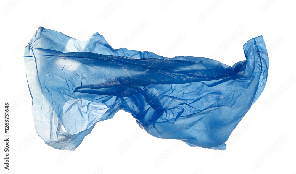 Obraz premium Blue crumpled and twisted nylon bag flying, isolated on white, clipping path