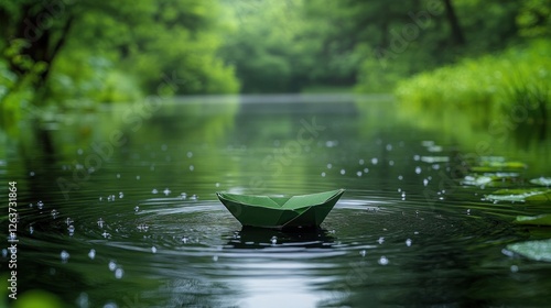 A small green origami boat floats on a calm river surrounded by lush green foliage.