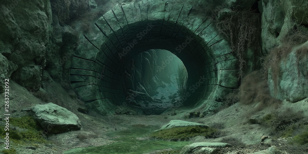 Fototapeta premium A shadowy tunnel enveloped in mystery; its walls draped in lush, emerald-green moss against stark grays. A dimly lit passage inviting intrigue