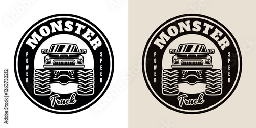 Monster truck big car vector round emblem in two styles illustration