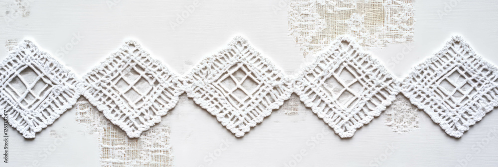 Obraz premium Elegant white embroidered tablecloth showcasing intricate geometric designs and delicate textures