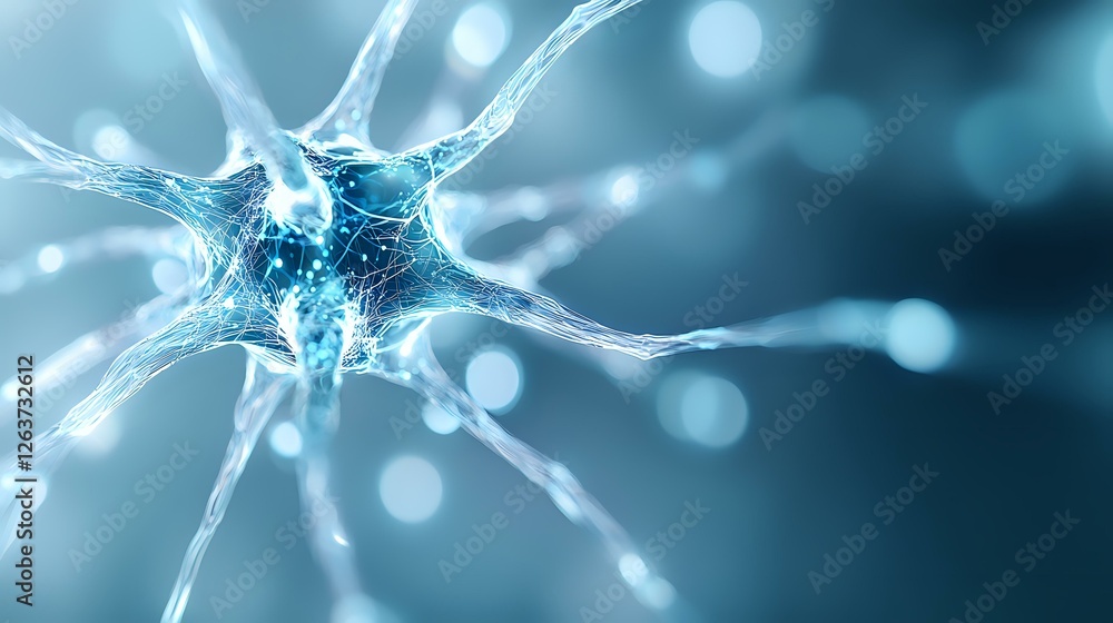 Glowing neuron cell with synaptic connections on blue background, microscopic view of nervous system activity showing neural network and brain cell communication. Glowing neuron cell with synaptic connections on blue background, microscopic view of nervous system activity showing neural network and brain cell communication.