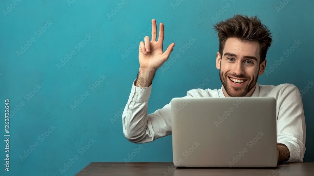Smiling man waving during an online meeting Smiling man waving during an online meeting