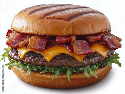 Juicy Burger Topped With Crispy Bacon and Melted Cheese Served on a Toasted Bun With Fresh Greens photo