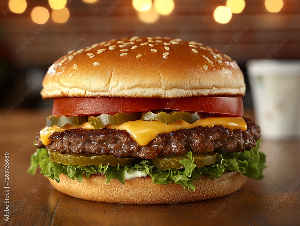 Juicy Hamburger Served With Fresh Ingredients in a Warm, Inviting Setting During a Casual Dining Experience Juicy Hamburger Served With Fresh Ingredients in a Warm, Inviting Setting During a Casual Dining Experience