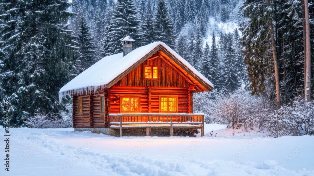 Cozy log cabin in a snowy winter landscape with glowing lights Cozy log cabin in a snowy winter landscape with glowing lights