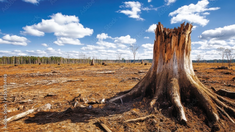Deforested Landscape with Tree Stump Against Vibrant Blue Sky Deforested Landscape with Tree Stump Against Vibrant Blue Sky