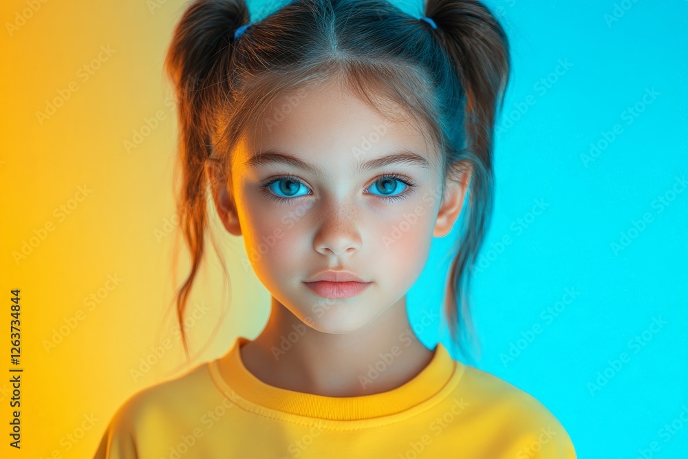 Young girl with bright blue eyes and playful hairstyle poses against a colorful backdrop of yellow and blue Young girl with bright blue eyes and playful hairstyle poses against a colorful backdrop of yellow and blue