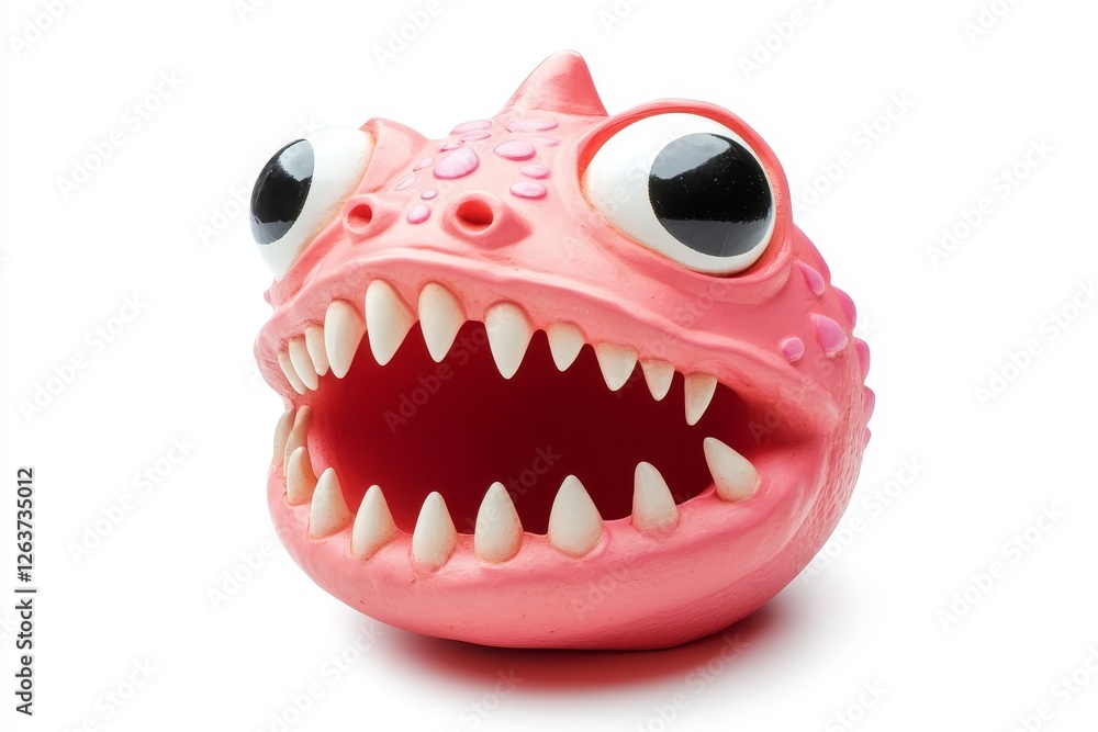 Naklejka premium A humorous red tooth toy denture complete with a jaw and eye, on a white background, ensuring there's room for copy