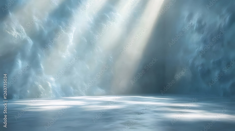 Light beams illuminate a cavernous icy landscape. Light beams illuminate a cavernous icy landscape.