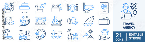 Travel agency web line icon set. Vector illustration tourism service symbols included, flight, transfer, food. Editable strokes