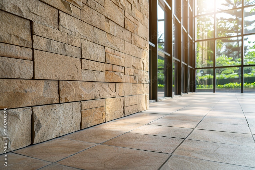 Sunlight streams through large windows onto a textured stone wall and tiled floor, creating a serene ambiance. Sunlight streams through large windows onto a textured stone wall and tiled floor, creating a serene ambiance.
