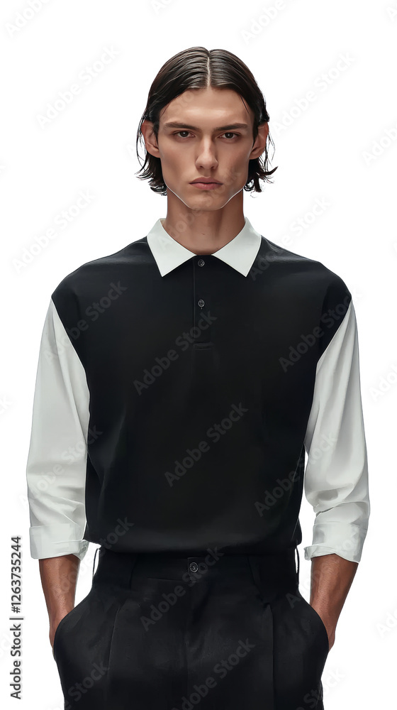 Young man with hands in pockets wearing black and white polo shirt on transparent background Young man with hands in pockets wearing black and white polo shirt on transparent background