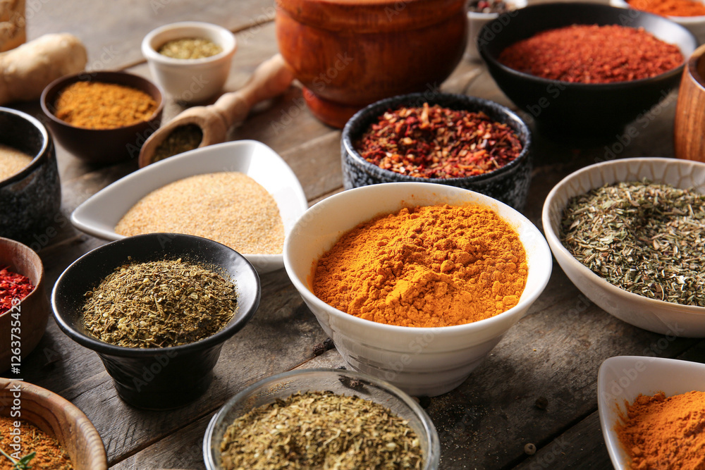 Many bowls with different spices on wooden background Many bowls with different spices on wooden background